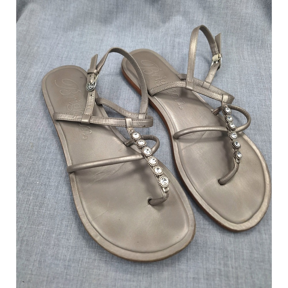 Brighton Glow Metallic Pewter Leather Crystal Strappy Sandal Womens 8M Brazil
